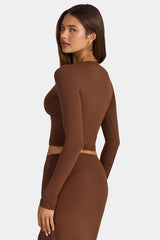 Modal Lace-Trim Cropped Cardigan  in Cocoa Brown