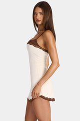Modal Lace-Trim Peekaboo Mini Dress in Oat